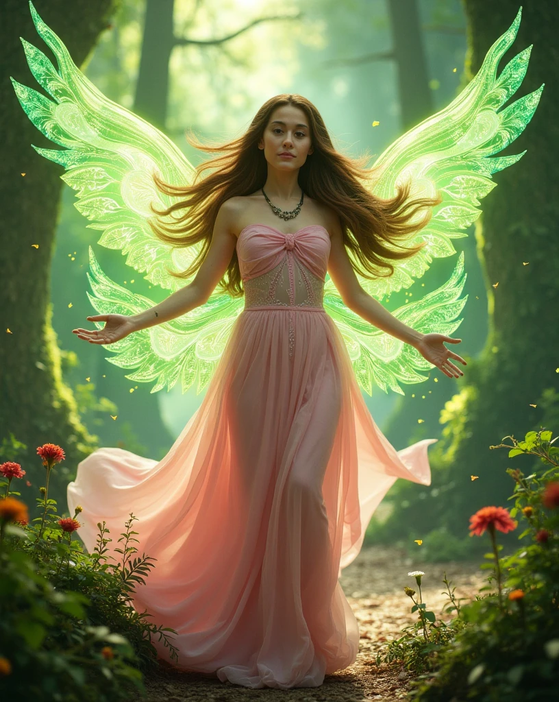 a woman, brown hairs, pink dress, green fairy wings, using nature magic, realistic, realistic body, fairy