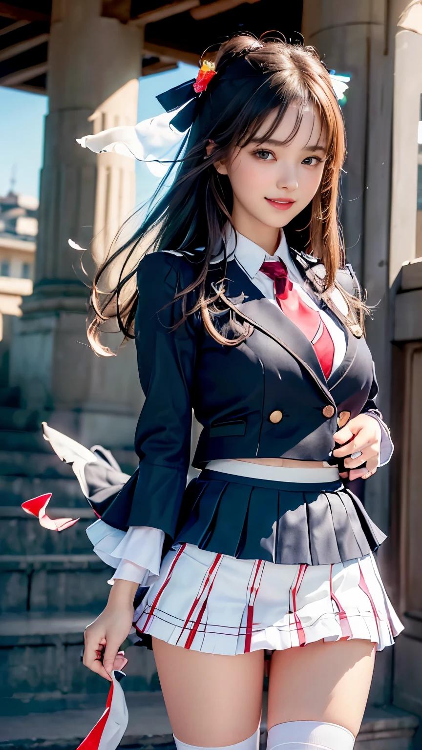 1girl in, Dark blue hair, Bangs, Long hair, Sparkling eyes, longeyelashes, makeup, lightsmile, depth of fields, One-person viewpoint, close-up, From below, wide angles, F/1.8, 135 mm, canon, nffsw, retinas, masutepiece, ccurate, Anatomically correct, Textured skin, Super Detail, high details, High quality, Best Quality, hight resolution, 1080p, 4K, 8K,(Female student climbing the stairs of school),46-point diagonal bangs,female students、((uniform: White blazer with emblem on the chest))、Translucent white blouse、(red bowtie)、((Miniskirts in bright colors,Check stripe)()、A smile,((Skirt soars in the wind)),((White T-back panties are visible)),((posterior view)),((Looks Back))、