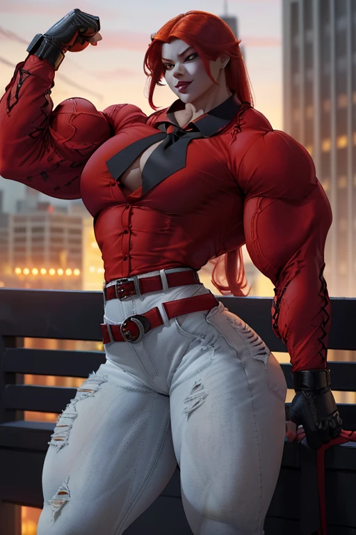 ((Close-up)), tall, (red hair) beautiful muscular asian woman, long hair, pale white skinned, closed smile, (black lipstick), (massive muscles), (hyper muscle), (ginormous bulky muscles), yellow eyes, ((long sleeve red pleated shirt)), ((long black pleated skirt)), necktie, boots, (on a raining rooftop), 