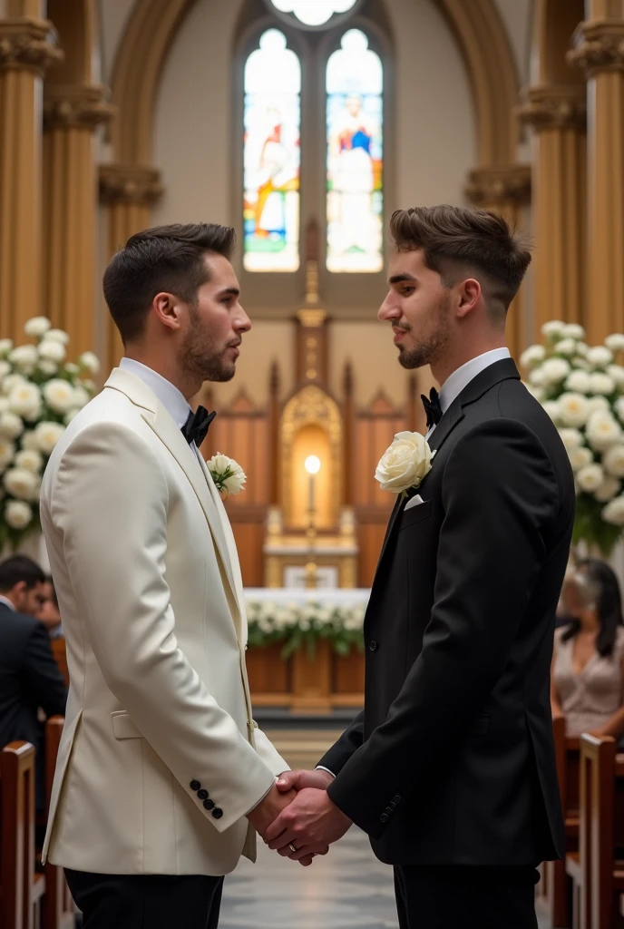 A sexy british couple with black hair ,#homosexual,masterpiece, cinematic,romantic ,warm and happy ,nsfw, handsome ,pretty eyes,( perfect penis 1.37), sitting separately,(gay marriage), church,flowers,(they are wearing wedding suits)