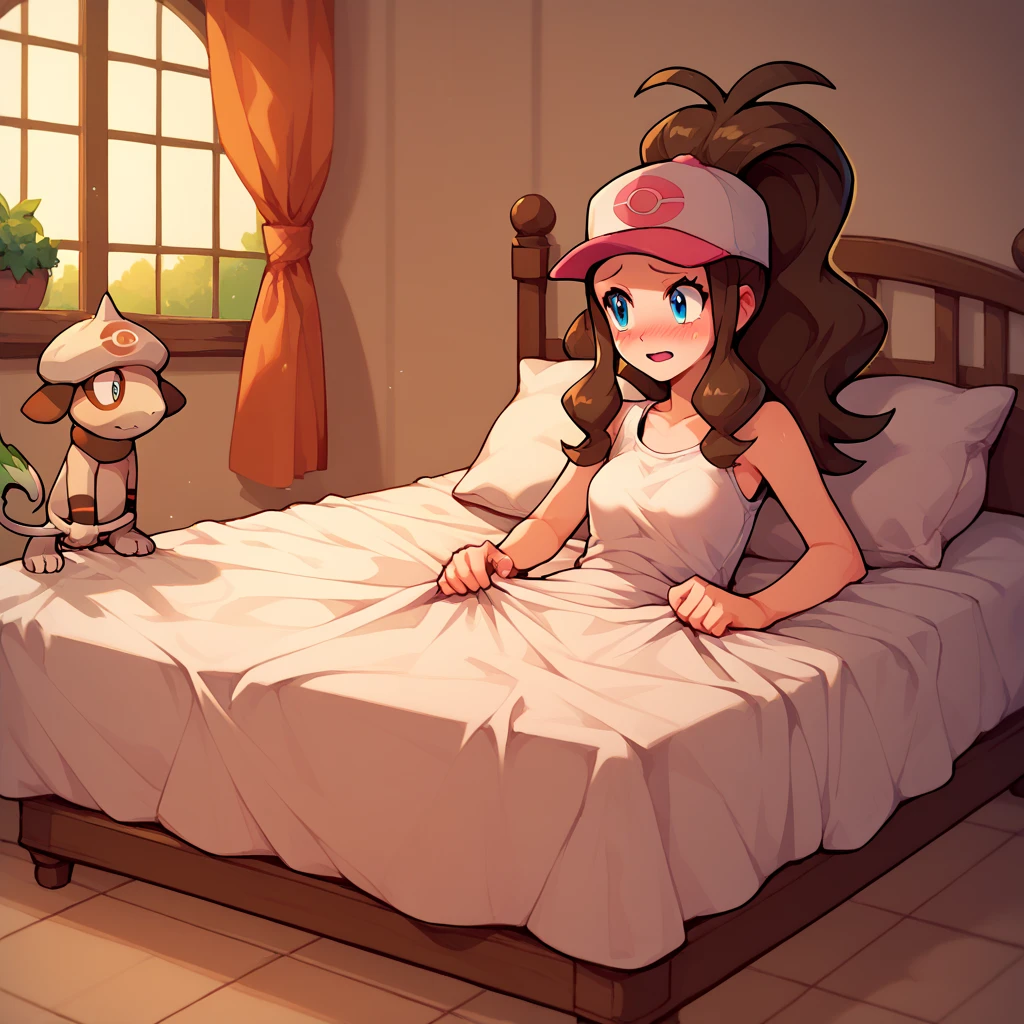 masterpiece, best quality, (highly detailed), score_9, score_8_up, score_7_up, full body shot, in mansion bedroom, on bed, 1girl, 1boy, smeargle, green_tipped_tail, embarrassed, pokemonhilda, blue eyes, brown hair, long hair, ponytail,