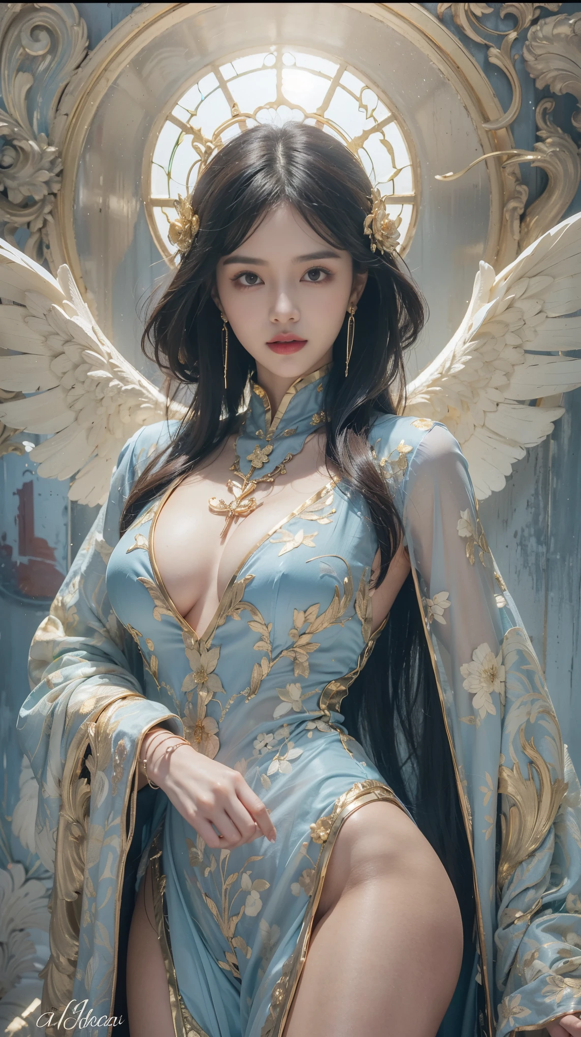 High-quality work，Realistic works，Super premium graphics，8K HD CG works，high quality graphics，High-definition and exquisite CG works，10x pixels，Ultra-fine details：1.1，Advanced technical details：1.1Realistic photo effects，Interior lighting effects：1.5，natural soft light：1.5. Light effect（Virtual light effects：1.8），ultra high resolution，shining dress，sliver long hair，silber hair，transparenthair，high detailed hair（Quality hair details：1.1）Clear eyes，Double eyelids look good，Sharp eye makeup, Create exquisite eyelash makeup, tthin eyebrows, Ultra-detailed eyes，a tall nose, lovely red lips, rosey cheeks, With delicate makeup on her face , pretty face, The face shape is perfectly proportioned,（Advanced facial details：1.1）Beautiful Valkyrie,（best qualtiy，hyper HD, Masterpiece, 16k）,Goose egg face,largeeyes,long eyelasher,There are precious stones on the forehead,Exquisite（live-action realistic style）,Star-like eyes,Ultimate face,Photorealistic light and shadow,Clear facial features,Milky white skin,Fair skin, highdetailskin,Realistic skin details,Visible Pore,（Super detail）, body,Carmelto, full bodyesbian,She wears long loose black hair and reaches her waist,（hair flowing）, Smoothness,Huge wings,Crystal wings,（Super detail）,Wear a transparent silk cardigan dress，Beautifully decorated,((dynamicposes),sat on the ground,Legs slightly open),Be red in the face,((Dynamic background((Red lightning)),Fantasy space，Luxurious space,NSFW：1.07，Women's artwork，Dress full body video，Realism，Amazing Cleavage，My eyes are very bright today
