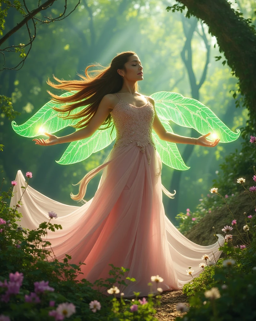 a woman, brown hairs, pink dress, green fairy wings, using nature magic, realistic, realistic body, fairy