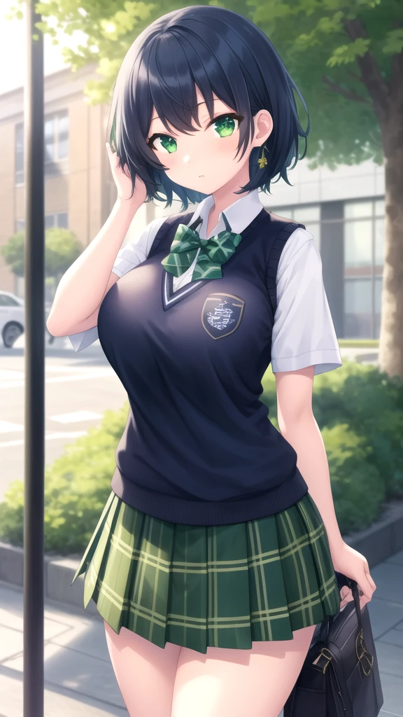 masterpiece, best quality, high quality, girl, solo, looking at viewer, touya_mochizuki, black hair, blue hair, large breasts, school uniform, green bowtie, white shirt, short sleeves, sweater vest, yellow vest, plaid skirt, green skirt, standing, cowboy shot, outdoors