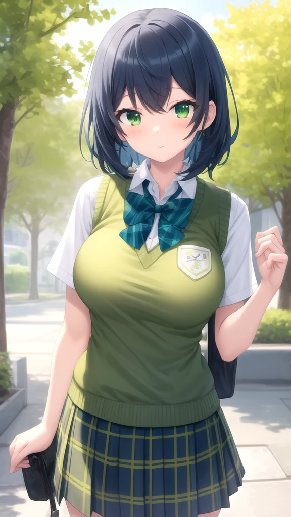 masterpiece, best quality, high quality, girl, solo, looking at viewer, touya_mochizuki, black hair, blue hair, large breasts, school uniform, green bowtie, white shirt, short sleeves, sweater vest, yellow vest, plaid skirt, green skirt, standing, cowboy shot, outdoors