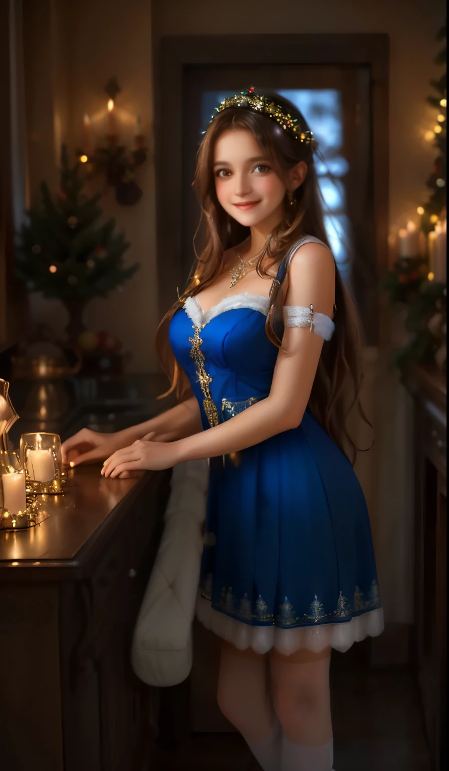 A beautiful girl embrace santa claus in a long blue dress, white stockings, smiling on Christmas Eve, detailed face, cinematic lighting, intricate details, ornate dress, winter landscape, snow falling, fairy lights, cozy atmosphere, warm tones, photorealistic