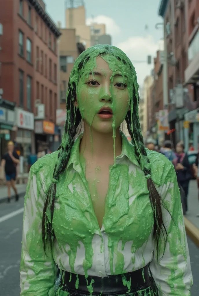 DSLR photograph. Beautiful Chinese woman covered in green water. Photorealistic. Wet liquid. Nasty slime. Raw photo. New York City streets. Daytime. Green Slime. Dripping green goo. 21 years old. (Asian: 1.1). pigtails. Green water. Portrait photo. Beautiful Asian face. Tight White button dress shirt with cleavage reveal. Necktie. girl uniform.