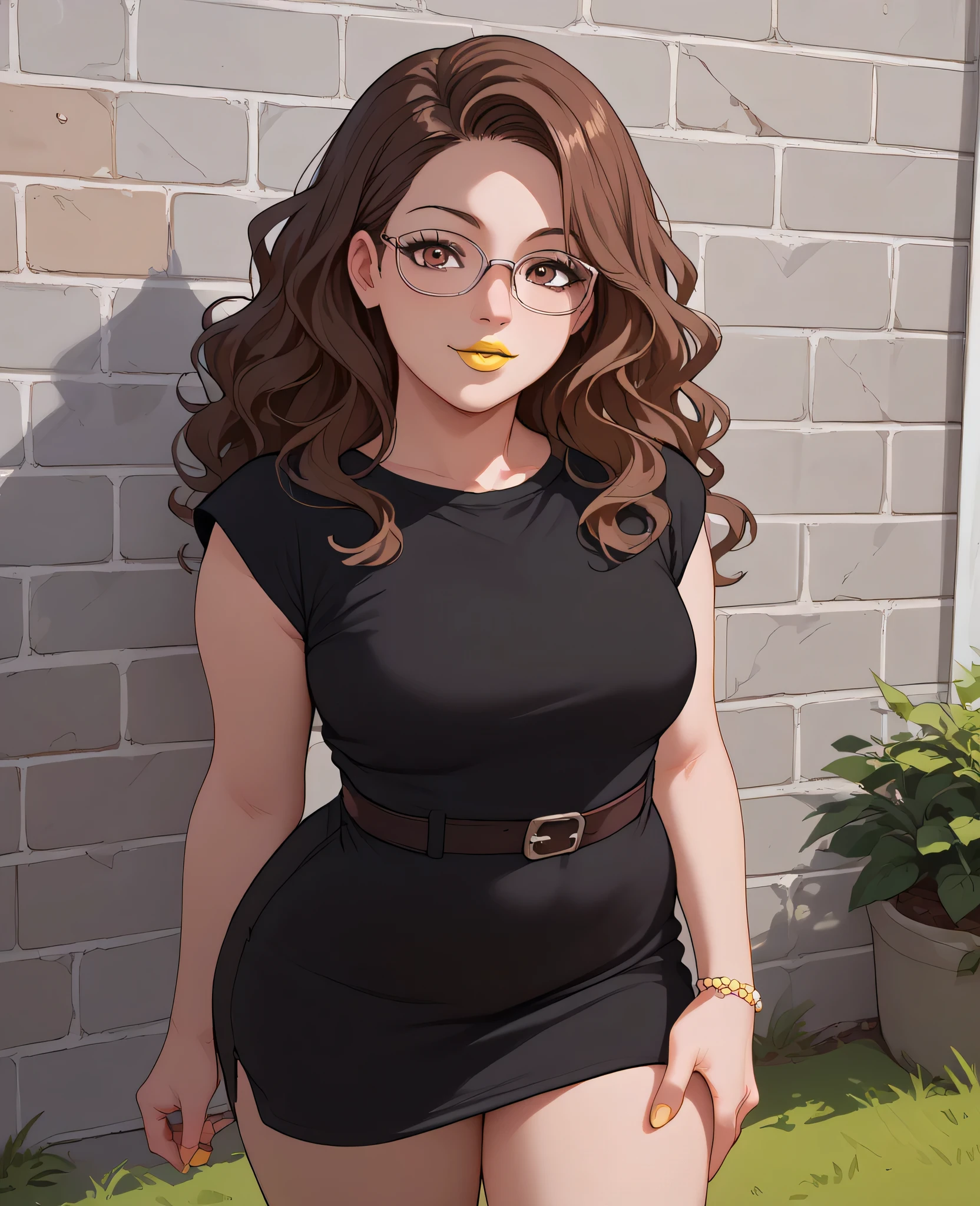 woman, dark brown hair, brown eyes, white skin, black dress, little dress, yellow lipstick, wavy hair, looking at viewer, anime style, leaning against cement wall, gray wall, backyard, glasses, standing on grass, adult