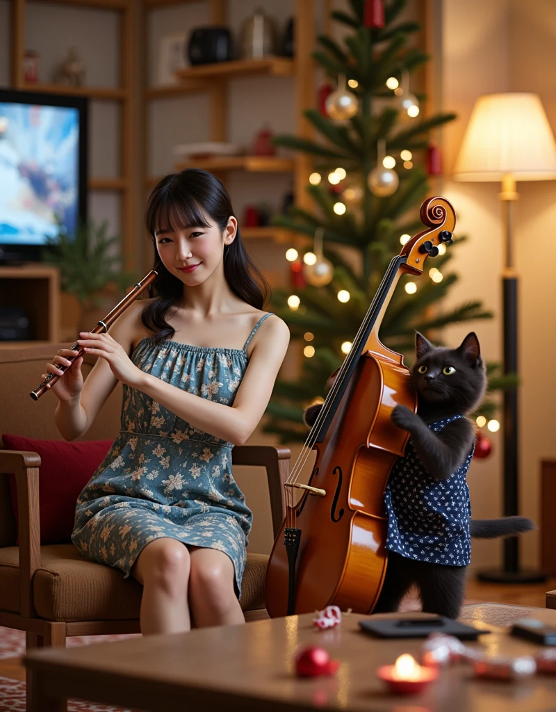 ultra-realistic, photorealistic, dramatic scene, shadow, global-illumination, A duo performance of the woman's flute and human-like kitten's cello at a modest home Christmas party, the human-like kitten\(holding a cello, cute, black kitten, wearing a snow patterned blue apron, playing the cello on the table, holding a cello bow, standing\), in the stylish Japanese apartment room), 1 woman\( beautiful with cute Japanese woman, 20 years old, simple dress, holding the detailed flute, sitting on a chair, shoulder-length brown ponytail hair, smile\), the woman looks so happy, a TV and table and shelf are in the room, gorgeously decorated with Christmas decorations, (gorgeously decorated Christmas tree), stylish furnishings, 