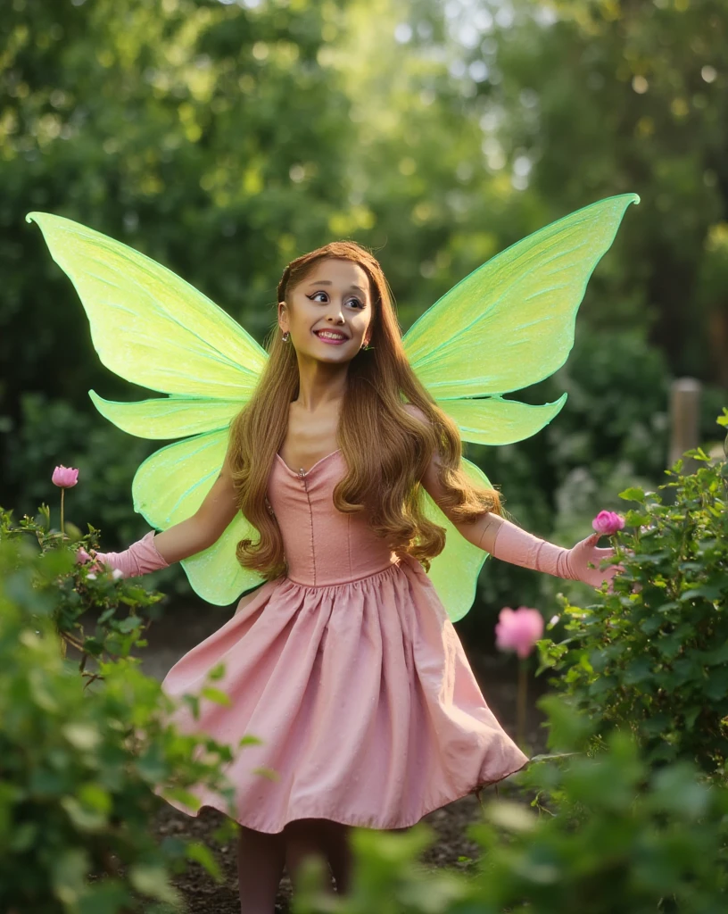 a woman, brown hairs, pink dress, green fairy wings, using nature magic, realistic, realistic body, fairy, open eyes, smile