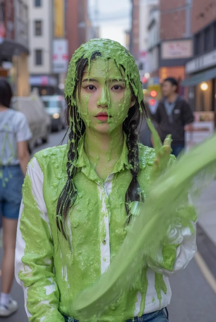 DSLR photograph. Beautiful Chinese woman covered in green water. Photorealistic. Wet liquid. Nasty slime. Raw photo. New York City streets. Daytime. Green Slime. Dripping green goo. . (Asian: 1.1). pigtails. Green water. Portrait photo. Beautiful Asian face. Tight White button dress shirt with cleavage reveal. Necktie. Schoolgirl uniform.