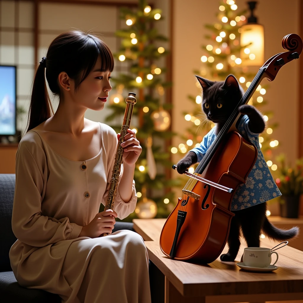 ultra-realistic, photorealistic, dramatic scene, shadow, global-illumination, A duo performance of flute and cello at a modest home Christmas party, (the human-like very large black chubby cat with vertical striped green apron is playing the cello in the stylish Japanese apartment room), (A beautiful with cute Japanese 20 years old girl is playing the flute), (20 years old girl with shoulder-length brown ponytail hair is showing smile), the girl looks so happy,  a TV and table and shelf are in the room, gorgeously decorated with Christmas decorations, Christmas tree, stylish furnishings, 