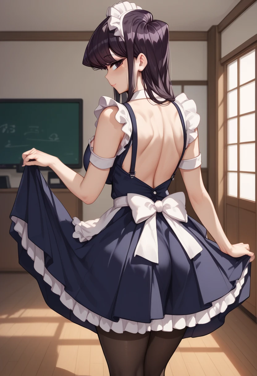 ( mature woman),  fair skin , ( wearing a maid uniform), (( character: Shouko Komi de Komi-san)),  pretty face, ((naughty face)), chest,  pantyhose , Sensual, (long skirt), hand up the skirt, ( blushed face), beautiful buttocks, (( rear view)),  highest quality , standing pose, (Bottom: inside a dark Japanese room at night)