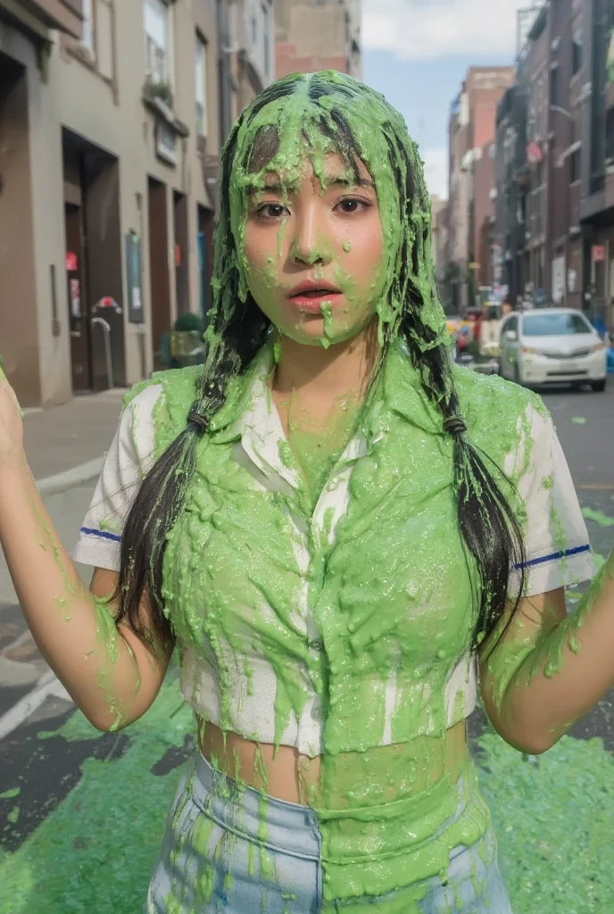 DSLR photograph. Beautiful Chinese woman covered in green water. Photorealistic. Wet liquid. Nasty slime. Raw photo. New York City streets. Daytime. Green Slime. Dripping green goo. 21 years old. (Asian: 1.1). pigtails. Green water. Portrait photo. Beautiful Asian face. Tight White button dress shirt with cleavage reveal. Necktie. Schoolgirl uniform. Short skirt.