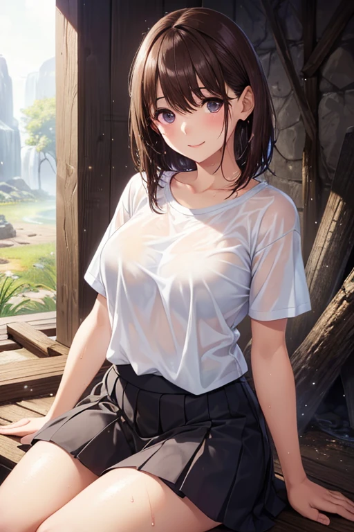 (High quality, High resolution, Fine details), Realistic, (Inside the cave), Bonfire, (Sitting), BREAK (Wet hair:1.2), (Clothes are wet:1.2), (T-shirt), (Skirt), solo, Watching a bonfire, curvy women, sparkling eyes, (Detailed eyes), blush, Sweat, Oily skin, Snapshot, shallow depth of field