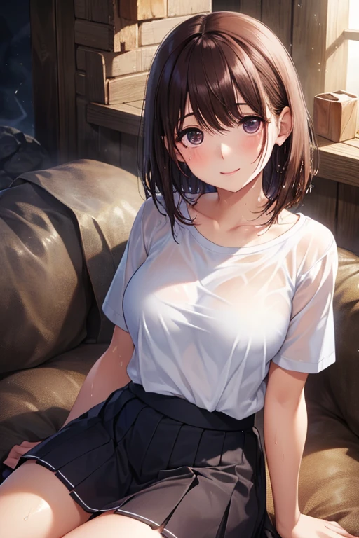 ( High Quality ,  high res,  Details),  realistic , ( Inside the Cave), Bonfire, ( sitting), break ( wet hair:1.2), (  Clothes Are Wet  :1.2), ( white t-shirt), ( skirt), Alone, Bonfireを眺める,  Curvy Woman, Sparkling Eyes, ( detail eyes), , sweat,  oily skin ,  snapshot,  shallow depth of field、anegasaki nene、 shiny maroon hair,  short hair, ( brown pretty eyes )、smile、 sparkling eyes , (Fine grain)、 super detailed eyes、 very detailed face,  very detailed eyes, cowboy shot、