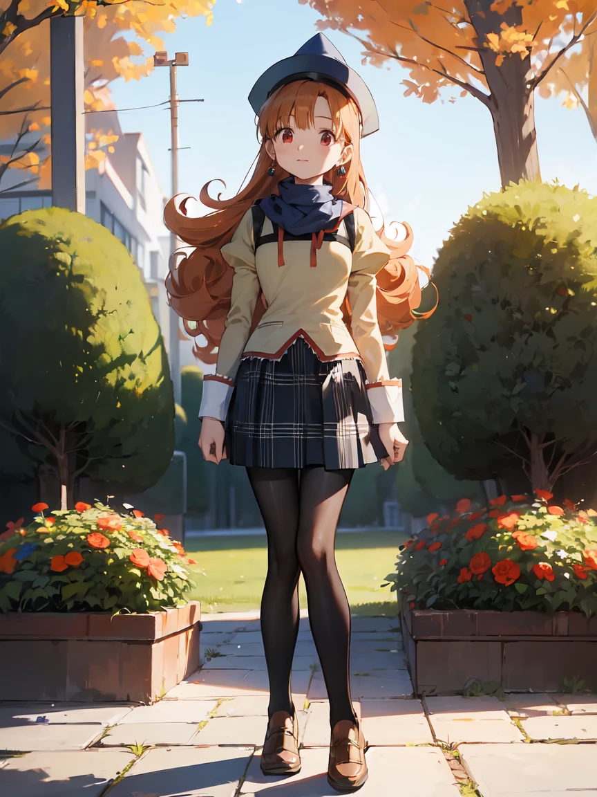 (Alena \(DQ4\)),  1 Woman , Alone, ((mitakihara school uniform)), ( red ribbon ),  plaid skirt, Curly Hair、 earrings for women with first name、 long hair、 orange hair、 red eyes,  blue hat, ( black pantyhose at a winter cafe), garden, full body,  standing