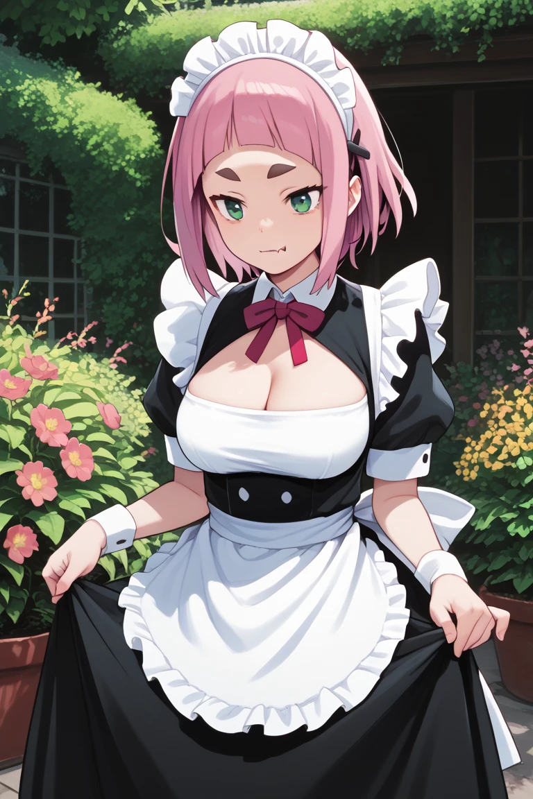 source_anime,
kiuiwatase, kiui watase, short hair, bangs, hair ornament, green eyes, pink hair, thick eyebrows,blunt bangs,
skin fang, large breasts, cleavage,                         maid, maid headdress, cleavage cutout, apron, garden, standing, cowboy shot, skirt hold,