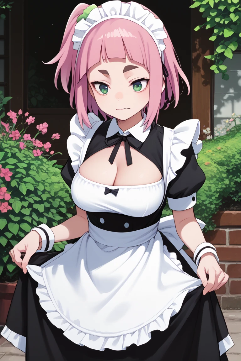 source_anime,
kiuiwatase, kiui watase, short hair, bangs, hair ornament, green eyes, pink hair, thick eyebrows,blunt bangs,
skin fang, large breasts, cleavage,                         maid, maid headdress, cleavage cutout, apron, garden, standing, cowboy shot, skirt hold,