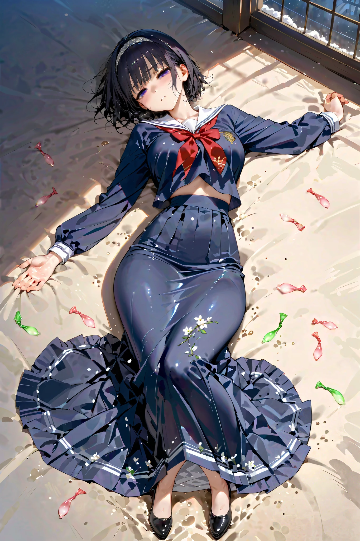 Realistic photo of a mature woman freezing in the cold and her skin trembling、Lying on ground, aerial view, (bags under eyes), half closed eyes, empty eyes, full body, 、open arms, open legs, straight black short hair, detailed hairband, SFW, , head tilt、(glistening skin), (oily skin), (shiny skin),((My skin is shaking ))、Subtle sheen、(Petite)、((( is short)))、Used condoms scattered all around 、Slim waist、((big ass)), large breasts, My mouth is slightly open、luxurious embroidered long skirt school uniform、