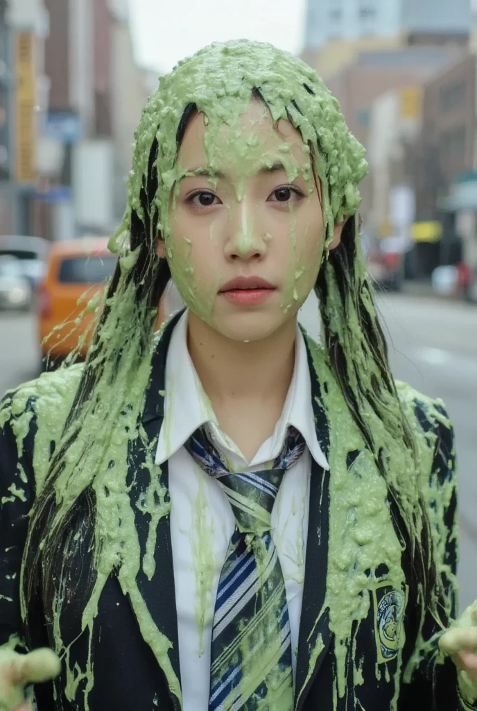 DSLR photograph. Beautiful Chinese woman covered in green water. Photorealistic. Wet liquid. Nasty slime. Raw photo. New York City streets. Daytime. Green Slime. Dripping green goo. 18 years old. (Asian: 1.1). pigtails. Green water. Portrait photo. Beautiful Asian face. (Cleavage: 1.2). Tight White button dress shirt with cleavage reveal. Necktie. Schoolgirl uniform. School blazer.