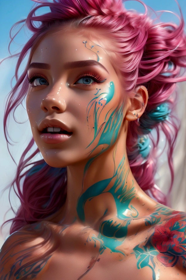 best quality, masterpiece, ultra detailed, ultra high res, realistic, bright colour, nude female, extremely large breast, cleavage, very long pink mohawk hair, front view, under water, depth of field