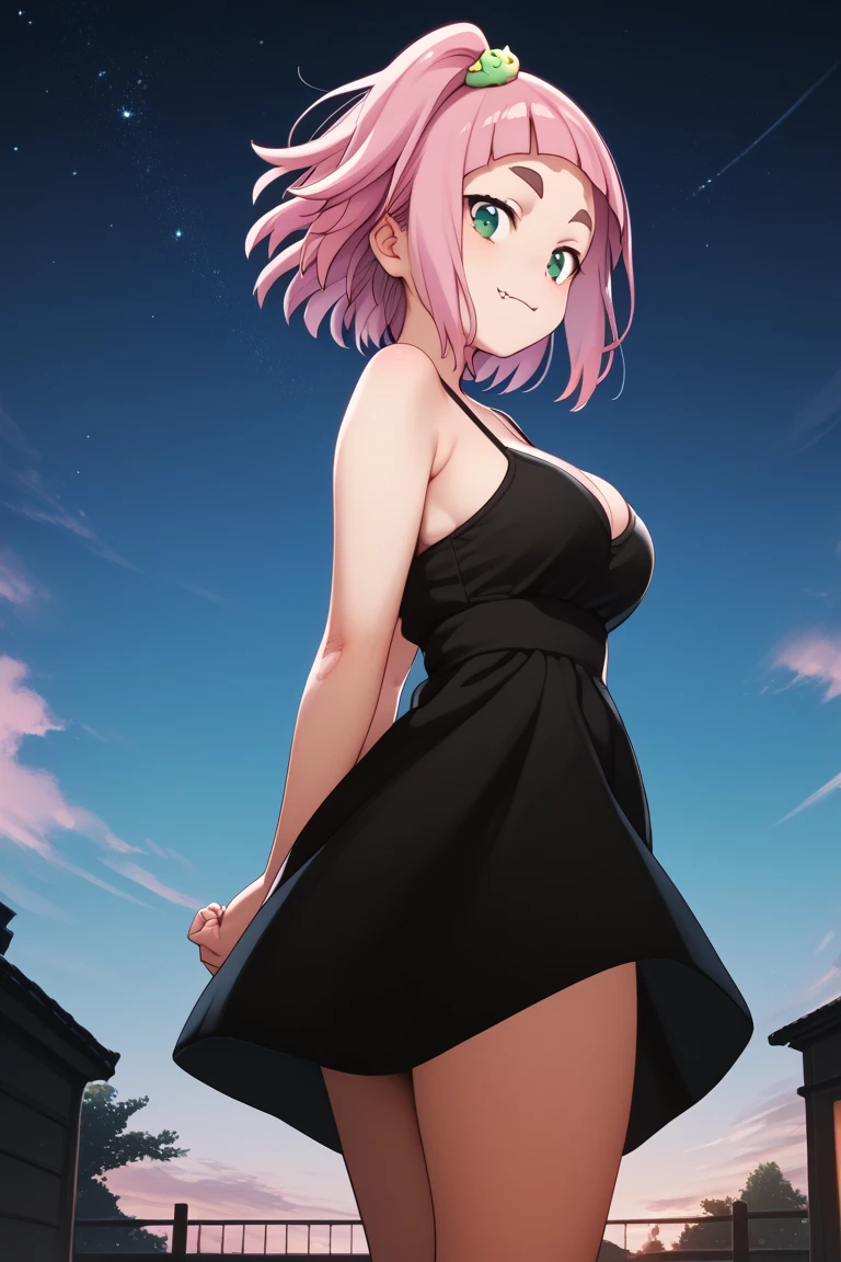 source_anime,
kiuiwatase, kiui watase, short hair, bangs, hair ornament, green eyes, pink hair, thick eyebrows,blunt bangs,
skin fang, large breasts, cleavage,                         (curvy), cute, elegant black dress, night, starry sky, romantic setting, smile, blush, hands behind back, cowboy shot, petite, ass, solo