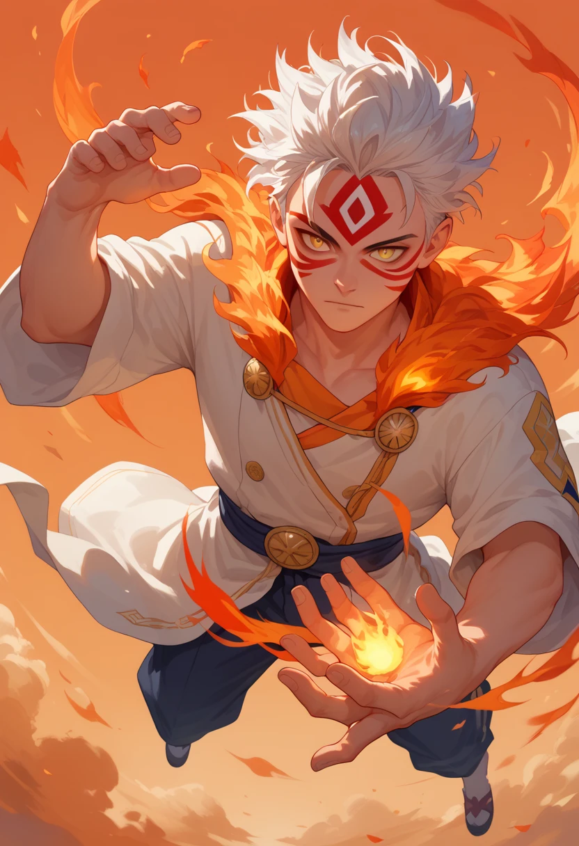 man, fire hair, white skin, red face paint, jentry chau, anime style, fire powers, yellow eyes, white hair, cat-like third eye on forehead, fire in hands, voluminous hair, flying in sky, twilight orange sky