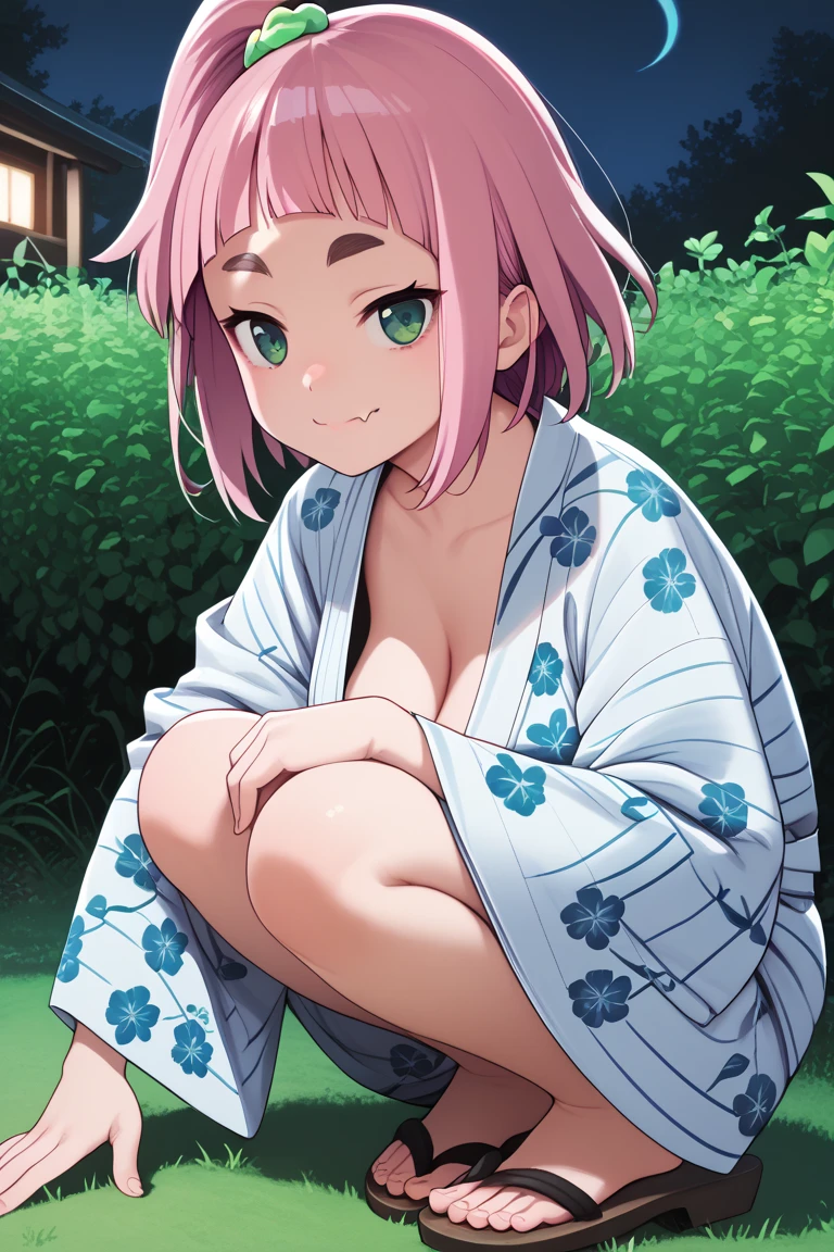 source_anime,
kiuiwatase, kiui watase, short hair, bangs, hair ornament, green eyes, pink hair, thick eyebrows,blunt bangs,
skin fang, large breasts, cleavage,                         night, grass, squatting, yukata, japanese clothes, floral print, from side, smile, looking at viewer, sandals, closed mouth, cleavage,