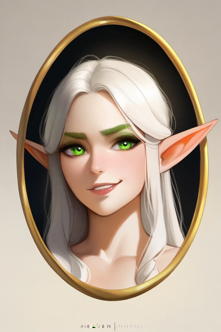 a woman with long white hair and green eyes, a character inspired by Magali Villeneuve, fantasy art, elven character with smirk, female elf claric, a portrait of an elf, portrait of an elf, centered elven, portrait of an elf queen, portrait female elf claric, beautiful and elegant female elf casting a light spell