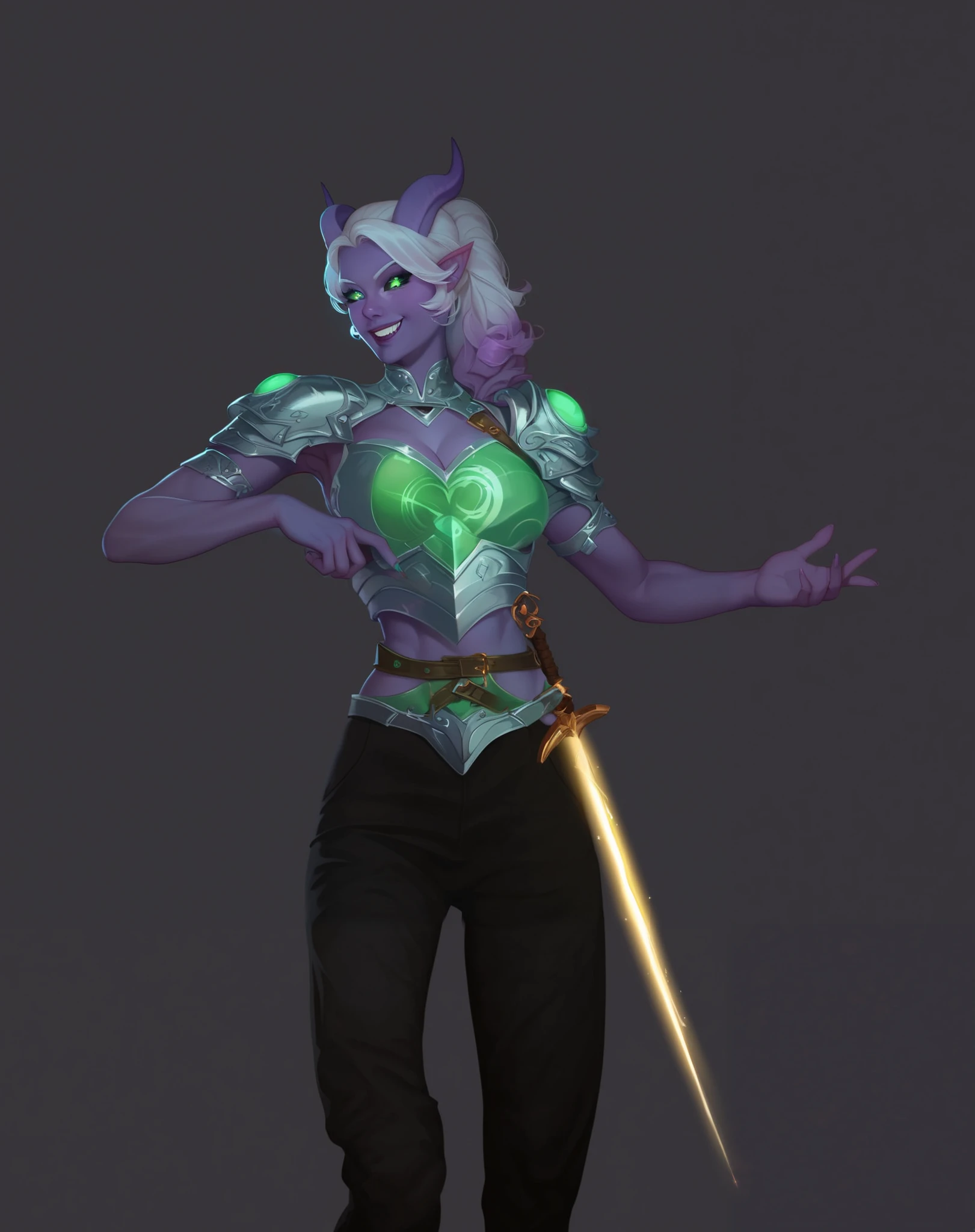 Tiefling with purple skin, she has curly white hair with purple highlights and is styled into a high ponytail. She has glowing emerald green eyes with black sclera. She has quite a few scars on her face and across her body, alongside one of her horns practically almost gone (think karlach from bg3). Wearing a colorful scaled armor vest and black pants.  here is a glowing sword sheathed at her waist. Smiling and playful, proper fingers, accurate body, detailed