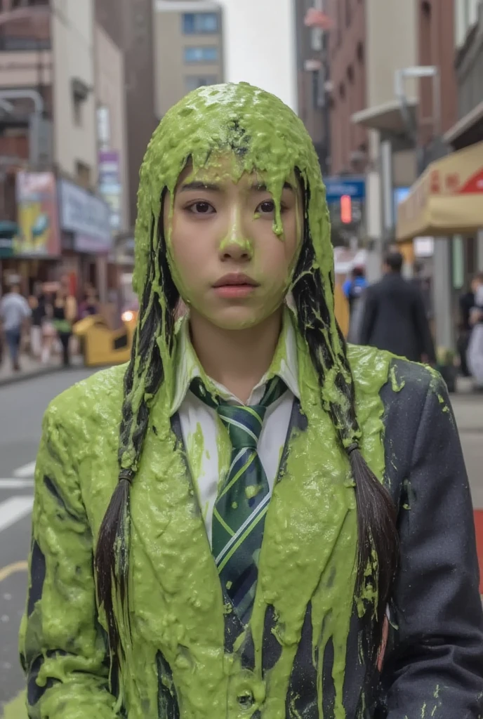 DSLR photograph. Beautiful Chinese woman covered in green water. Photorealistic. Wet liquid. Nasty slime. Raw photo. New York City streets. Daytime. Green Slime. Dripping green goo. 21 years old. (Asian: 1.1). pigtails. Green water. Portrait photo. Beautiful Asian face. (Cleavage: 1.8). Tight White button dress shirt. Necktie. Schoolgirl uniform. School blazer.