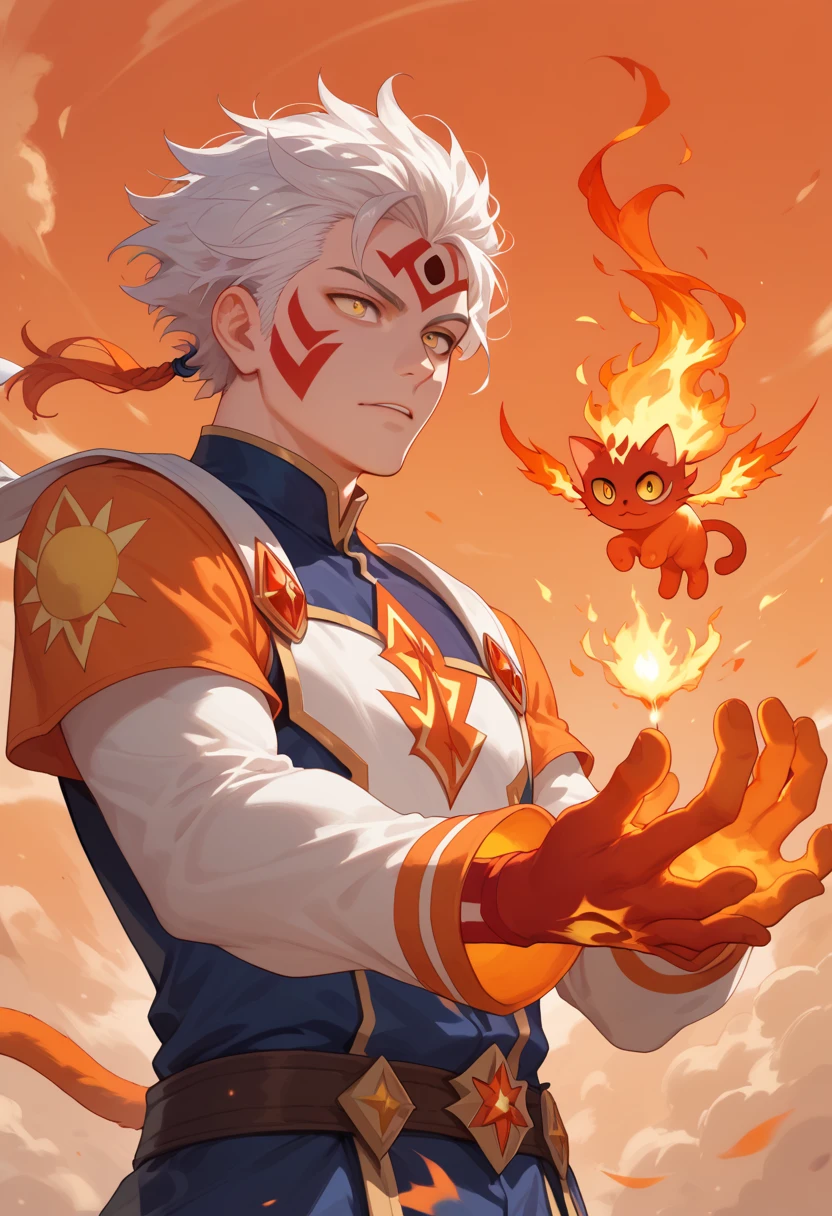 man, fire hair, white skin, red face paint, jentry chau, anime style, fire powers, yellow eyes, white hair, cat-like third eye on forehead, fire in hands, voluminous hair, flying in sky, twilight orange sky