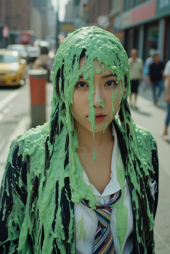 DSLR photograph. Beautiful Chinese woman covered in green water. Photorealistic. Wet liquid. Nasty slime. Raw photo. New York City streets. Daytime. Green Slime. Dripping green goo. 21 years old. (Asian: 1.1). pigtails. Green water. Portrait photo. Beautiful Asian face. (Cleavage: 1.2). Tight White unbuttoned dress shirt. Necktie. Schoolgirl uniform. School blazer.