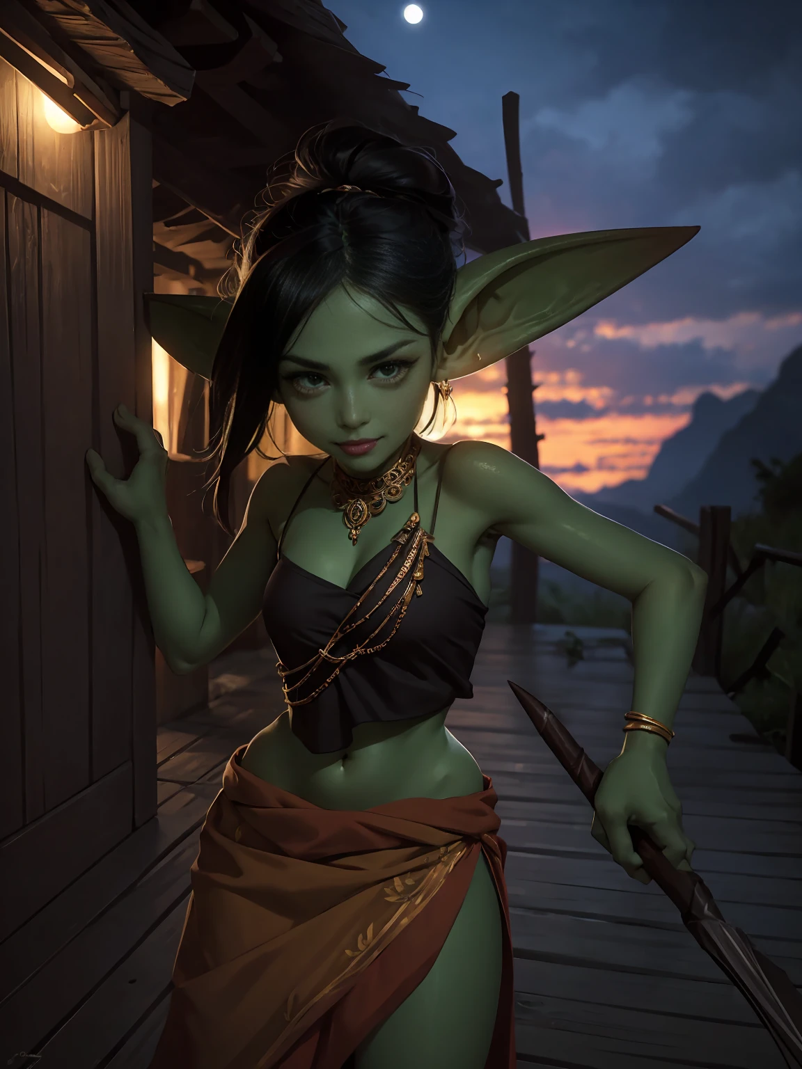 absurd,  1 girl fights, One (( top quality)), (( masterpiece fails)), ( detail), 4K, green skin,  little pointy ears , small ears, goblin girl in open tribal clothes, 3 feet tall , elegant, exotic,  black hair,  going to the entrance to the hut ,  wearing a tribal top and a very short skirt ,  jewelry ,  looks at the viewer ,  outdoor, at night,  carrying a spear ,  dynamic pose,  outside the hut ,  outside the tribal hut ,  sexy smile ,  cinematic photo ,  jewelry , photo of a cowboy ,  top quality, Ultra- detail