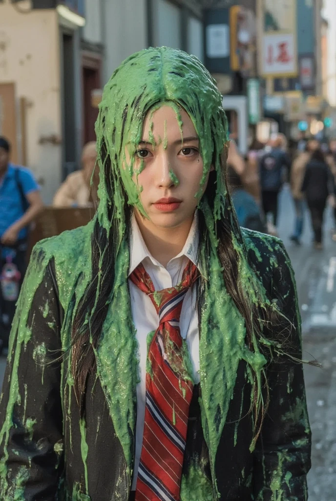 DSLR photograph. Beautiful Chinese woman covered in green water. Photorealistic. Wet liquid. Nasty slime. Raw photo. New York City streets. Daytime. Green Slime. Dripping green goo. 21 years old. (Asian: 1.1). pigtails. Green water. Portrait photo. Beautiful Asian face. (Cleavage: 1.2). Tight White dress shirt with cleavage reveal. Necktie. Schoolgirl uniform. School blazer.