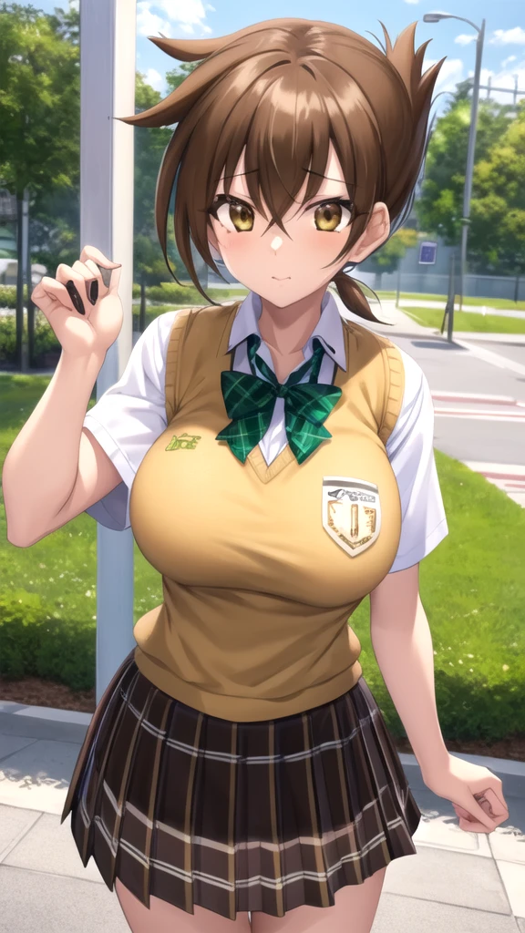 masterpiece, best quality, high quality, girl, solo, looking at viewer, issei_hyoudou, brown hair, brown eyes, hair between eyes, large breasts, school uniform, green bowtie, white shirt, short sleeves, sweater vest, yellow vest, plaid skirt, green skirt, standing, cowboy shot, outdoors