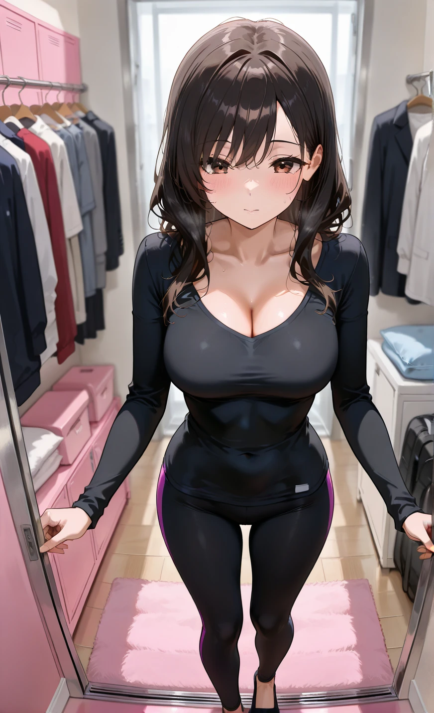 masterpiece, best quality, amazing quality, very aesthetic, high resolution, ultra-detailed, absurdres, newest, scenery, 1woman, 30 years old, mature, beautiful woman, dark hair, long hair, brown eyes, shiny eyes, detailed face, detailed eyes, cute eyes, medium breast, tight black t-shirt, long sleeves, cleavage, black leggings, dressing room, pink floor, pink carpet, wardrobe, lingerie closet background, detailed background, diffused sunlight, depth of field, BREAK, detailed skin, masterpiece, best quality, amazing quality, very aesthetic, high resolution, ultra-detailed, delicate, absurdres, newest, scenery, depth of field, volumetric lighting