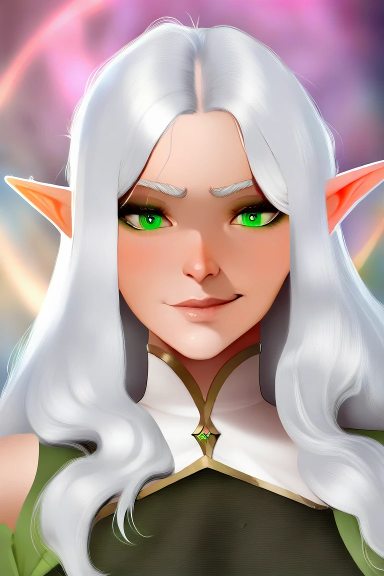 One woman with long white hair and green eyes, a character inspired by Magali Villeneuve, fantasy art, elven character with smirk, female elf claric, centered magical, female elf claric casting spells, beautiful and elegant female elf casting a light spell
