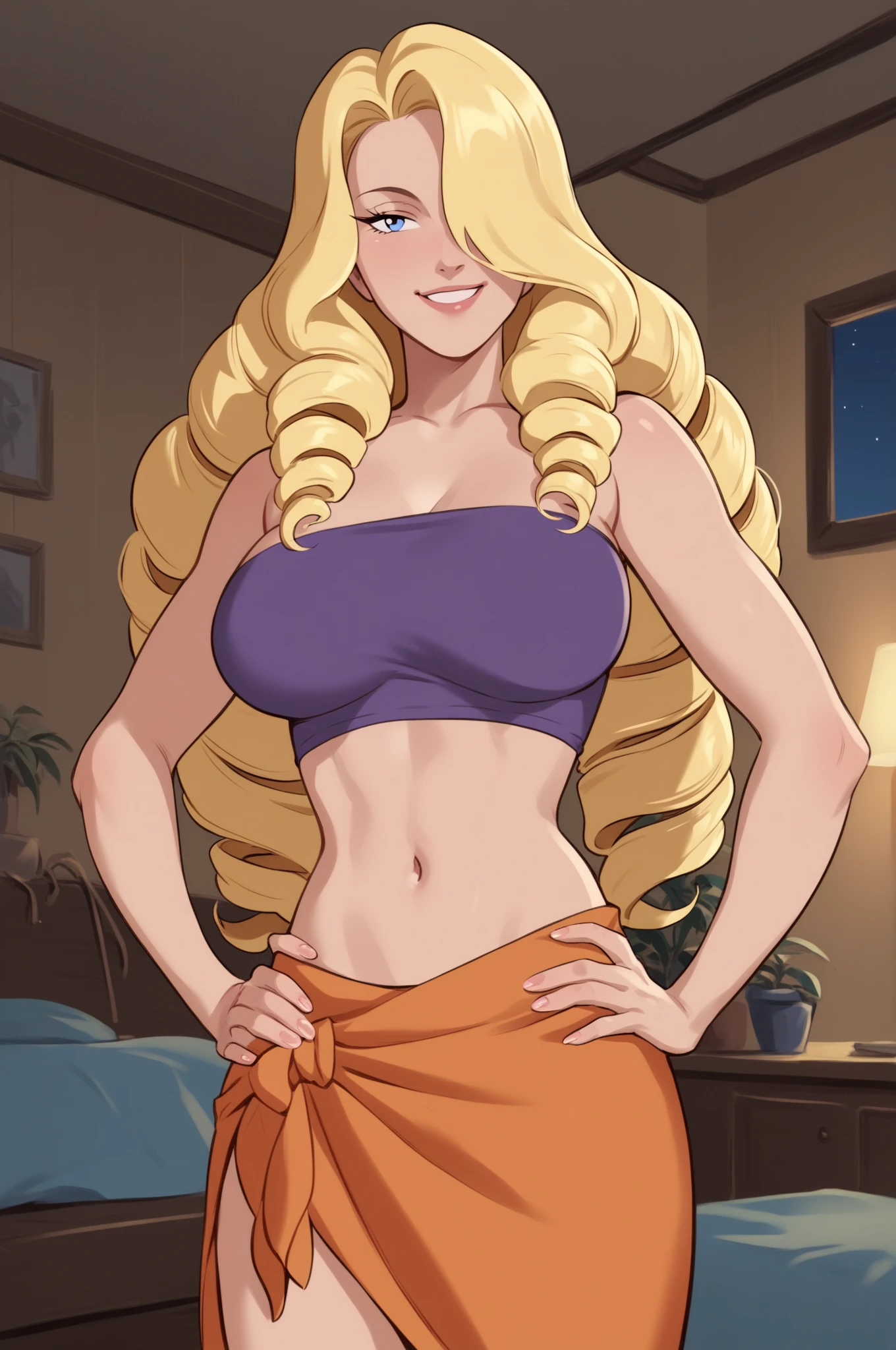 PonyXLV6_Scores BREAK (parody, retro artstyle, perfect anatomy, perfect eyes, absurd resolution), zPDXL2, BREAK Oriana, 1girl, blonde hair, drill hair, long hair, hair over one eyes, blue eyes, large breasts, dark purple tube top, midriff, sarong, dark orange skirt, navel, hands on own hips, looking at viewer, indoors, night time, luxury room, smile