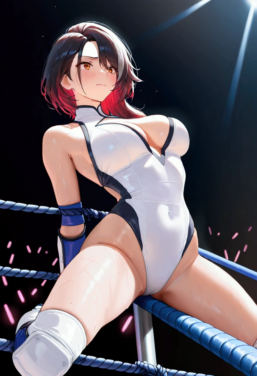 ((((masterpiece)))), ((  unity 8k wallpaper ,  Photorealistic  )), ((  detailed face  )),  Female Pro Wrestler with Floating Legs,Umezaki Haruka  ,Frightened face,, Ponytail,ribbon, pure white leotard ,Elbow guard,  leg protector  ,  pro wrestling 3 ropes are strung on all sides,Standing as if straddling the top of 3 strung ropes, Floating Legs ,Disgusting secretions sticking to ropes 