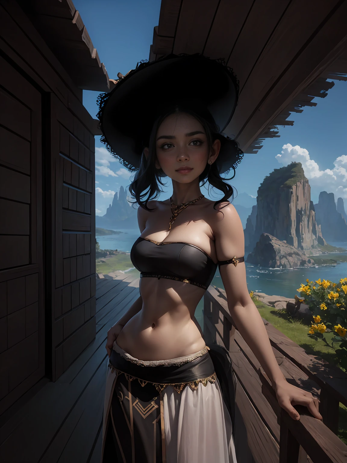 absurd,  1 girl fights, One (( top quality)), (( masterpiece fails)), ( detail), 4K, Personad DnD, elegant, exotic,  black hair,  going to the entrance to the hut ,  looks at the viewer ,  outdoor,  dynamic pose,  outside the hut ,  cinematic photo , photo of a cowboy ,  top quality, Ultra- detail