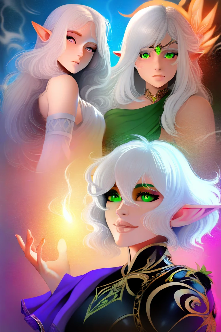 One woman with long white hair and green eyes casting a light spell in the distance, a character inspired by Magali Villeneuve, fantasy art, female elf claric, centered magical, female elf claric casting spells, beautiful and elegant female elf casting a light spell
