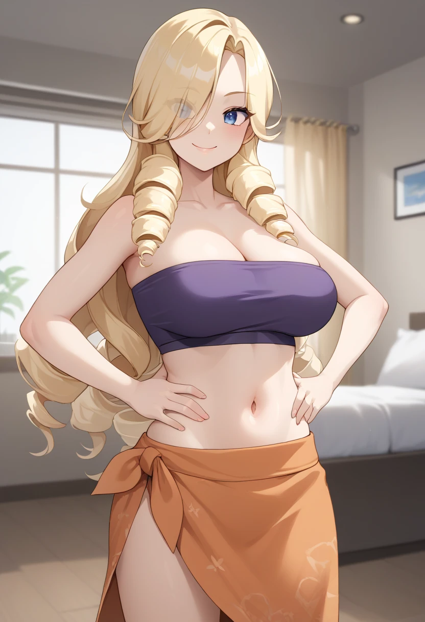 (source_anime, score_9, score_8_up, score_7_up:1), Oriana, 1girl, blonde hair, drill hair, long hair, hair over one eyes, blue eyes, large breasts, dark purple tube top, midriff, sarong, dark orange skirt, navel, hands on own hips, looking at viewer, indoors, night time, luxury room, smile