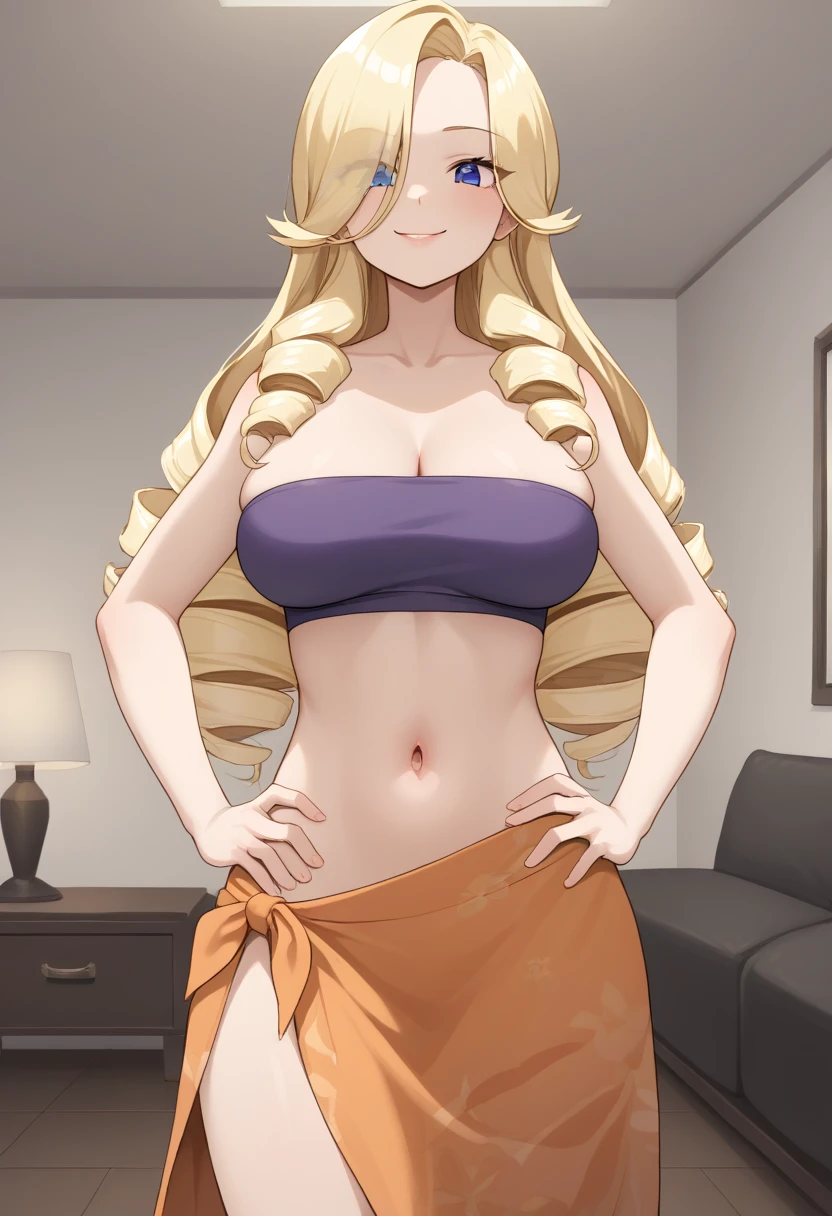 (source_anime, score_9, score_8_up, score_7_up:1), Oriana, 1girl, blonde hair, drill hair, long hair, hair over one eyes, blue eyes, large breasts, dark purple tube top, midriff, sarong, dark orange skirt, navel, hands on own hips, looking at viewer, indoors, night time, luxury room, smile