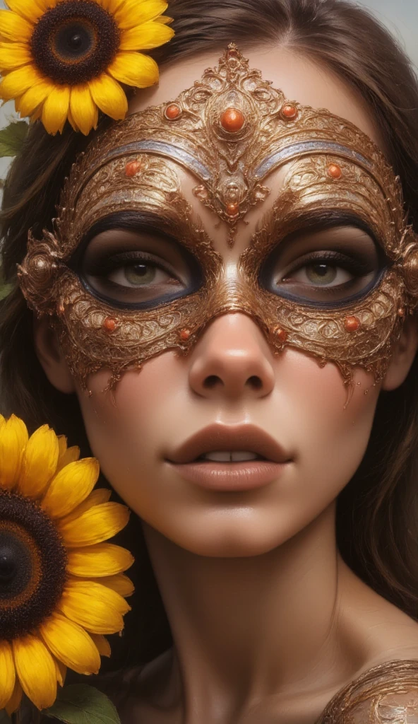  A hyperrealistic close-up portrait of a young woman , which with a whimsical ,  symmetrical avant-garde mask made of intricately woven mesh decorated with shimmering silver accents and bright orange dots.  The mask is beautifully surrounded with artistic fuchsia embroidery ,  which enhances her breathtaking appearance .  A radiant sunflower subtly covers part of her face ,  her glowing yellow petals give the mask a warm contrast .  The picture was taken from a medium perspective ,  which gives a direct view of her facial expression and the intricate details of the mask and flower allow ,  illuminated by natural light ,  which creates a soft and inviting atmosphere .