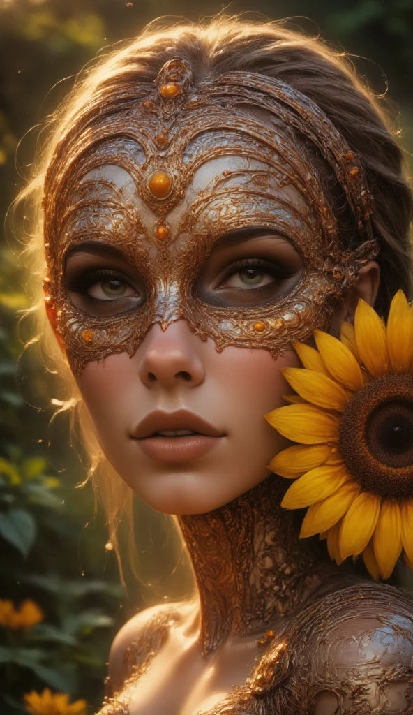  A hyperrealistic close-up portrait of a young woman , which with a whimsical ,  symmetrical avant-garde mask made of intricately woven mesh decorated with shimmering silver accents and bright orange dots.  The mask is beautifully surrounded with artistic fuchsia embroidery ,  which enhances her breathtaking appearance .  A radiant sunflower subtly covers part of her face ,  her glowing yellow petals give the mask a warm contrast .  The picture was taken from a medium perspective ,  which gives a direct view of her facial expression and the intricate details of the mask and flower allow ,  illuminated by natural light ,  which creates a soft and inviting atmosphere .