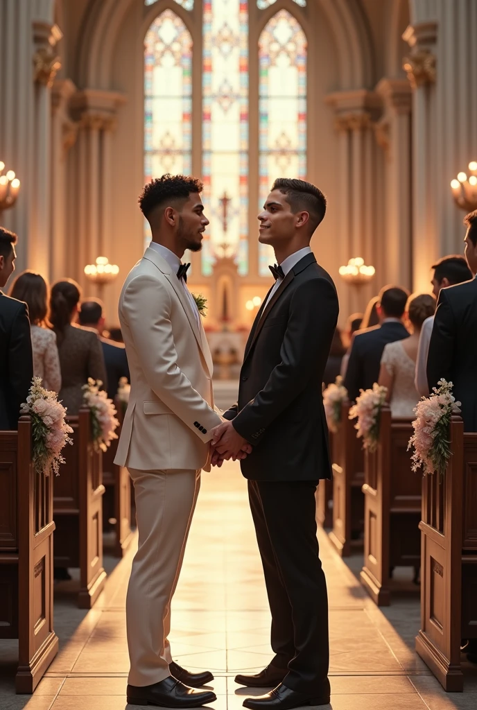 8k，8K resolution，2 Muscular Europeans, handsome man，charming eyes，dark skin,beautiful, smooth and shiny，Full muscles，Thick body hair， (wearing a stylish suit)，big bag，emphasize，Two men holding roses in church，Smile happily，kiss，There are many flowers in the church，professional lighting，Professional photography，Realistic photos，realistic model，realistic art