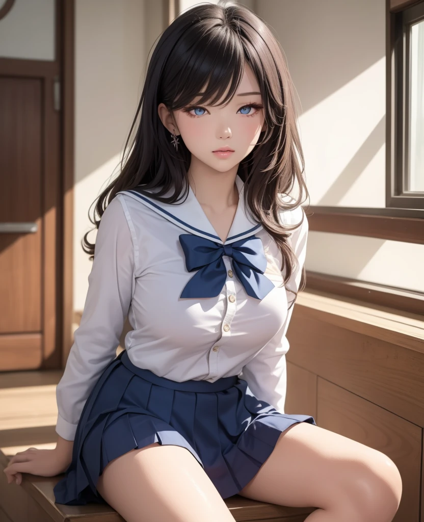 18year old、a smile、brown haired、beautidful eyes、real looking skin、hi-school girl、Bright illustration、small tits、(8K、​masterpiece)、(reallistic、Photorealsitic)、top-quality、ighly detailed、The ultra-detailliert、Beautie、cute little、japanes、Idol