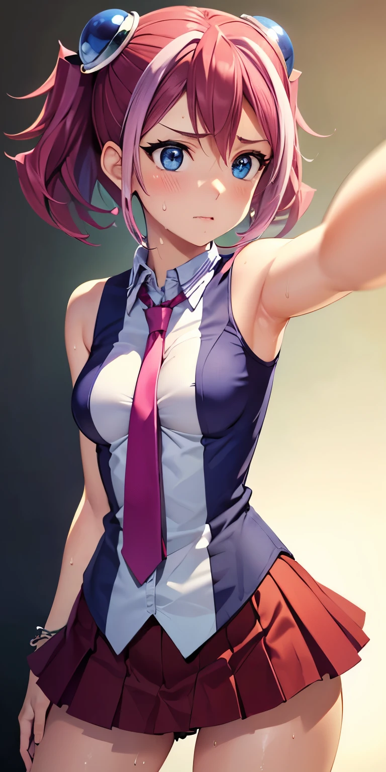 1 Female,High definition,high resolution,Ultra-realistic,8K,hy1, hair ornament, multicolored hair, blue eyes, jewelry ,necktie, skirt, tight skirt,miniskirt,sleeveless, school uniform,black thong,European,sexy,Upper body close-up,Photographed from the front,Dynamic Angles,blush, small tits,cute face, facial, sweat, perfect face, perfect body,(wide thighs:1.3),cute face, selfie,cameltoe